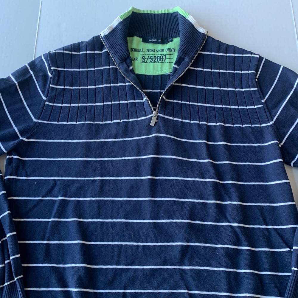 ERMENEGILDO ZEGNA - ZEGNA SPORT Navy & White Striped Sweater Quarter Zip Size L - Picture 6 of 14